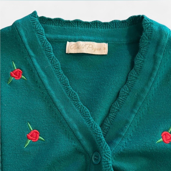 Belle Poque Green Cardigan with Red Embroidery Roses - Picture 6 of 7